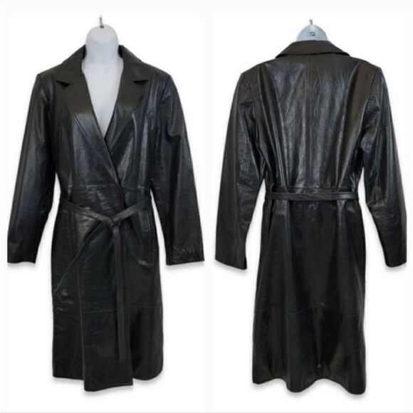 NEW Vintage 90's Express 100% Genuine Leather Belted Trench Coat Size Medium - Picture 9 of 13